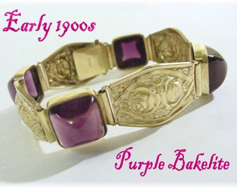 Rose Purple Amethyst Bakelite Gold Filled Bracelet, Flower, GF, Estate Antique, Repousse Victorian, Roses, Vintage Jewelry   FREE SHIPPING