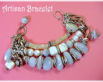 Moonstone Sterling Silver Blue Quartz Chain Bracelet, One of A Kind Art Jewelry, Beach   FREE SHIPPING