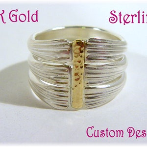 Hammered 14K Gold Sterling Silver Band Ring, Goldsmith Custom One of A Kind Jewelry, Modern Art, Modernist, 14K Gold Ring, Zen FREE SHIPPING