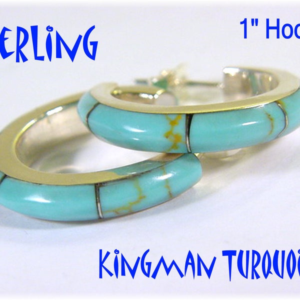 Kingman Turquoise Inlay Sterling Silver 1" Hoop Earrings - Arizona Native American - Blue Indian Arizona - Perfect Gift - FREE SHIPPING