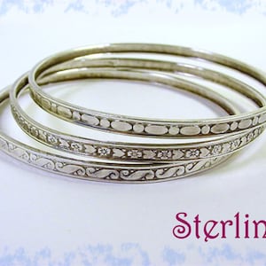 3 Art Deco Eternity Sterling Silver Bangle Bracelet Set, Stamped, Chased, Heart, Floral, Stackers, Victorian, Boho, Hippie + FREE SHIPPING