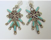 Sleeping Beauty Turquoise Sterling Silver Dangle Heart Earrings - Zuni Needlepoint, Native American Indian, Petit Point FREE SHIPPING