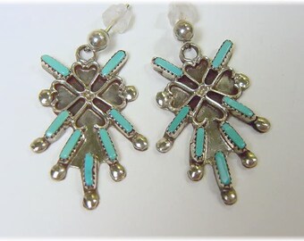Sleeping Beauty Turquoise Sterling Silver Earrings, Zuni Needlepoint, Native American, Indian Jewelry, Petit Point, Arizona  FREE SHIPPING