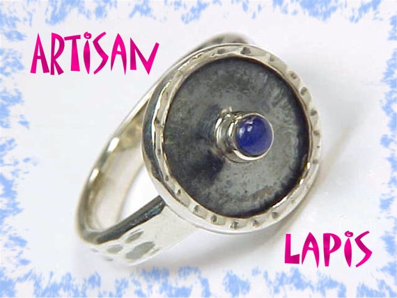 Lapis Lazuli Hammered Sterling Silver Oxidized Ri… - image 1