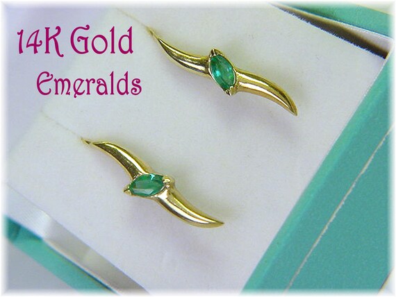 14K Gold Emerald Earrings, 14K Gold Earrings, Fre… - image 1