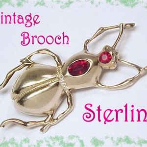 May include: Vintage sterling silver brooch in the shape of a beetle with red rhinestone accents. The brooch is on a white background with the words "Vintage Brooch" and "Sterling" in pink.