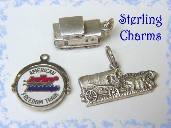 Railroad Train Sterling Silver Charm Lot, Pendant, Bicentennial American Freedom Train, Wagon Train, Caboose, Charm Bracelet,  FREE SHIPPING