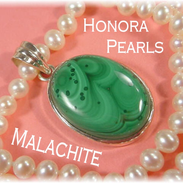 Malachite Sterling Silver Pendant White Akoya Pearl Necklace - Honora Iridescent Pearl - Rare Circle Formation, Green + LIVRAISON GRATUITE