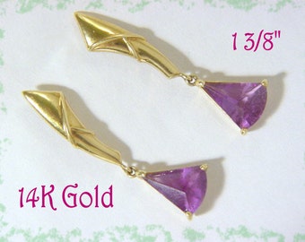 14K Gold 6 Ct Trillion Cut Amethyst Earrings, Triangle Pyramid, Dangle, Royal Purple  FREE SHIPPING