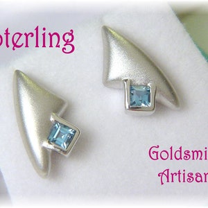 Blue Topaz Earrings, Satin Sterling Silver Earrings, Artisan Jewelry, Custom One of A Kind, OOAK, Modern Art Jewelry, Cubist   FREE SHIPPING