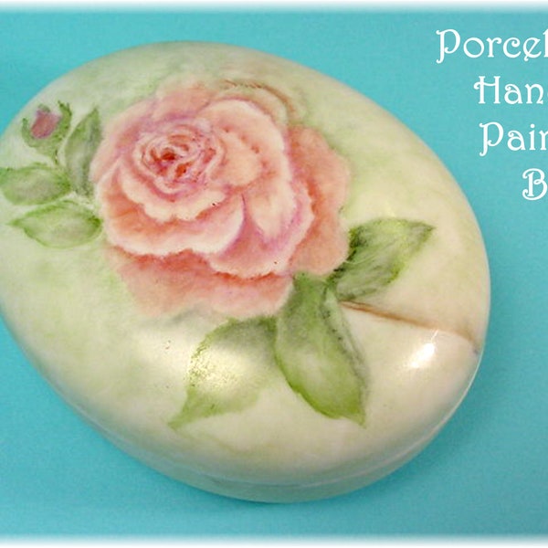 Rose Hand Painted Porcelain Vanity Trinket Box - Signed - Perfume, Dresser, Powder Box, Limoges, Jewelry, Ring Dish, Flowers + FREE SHIPPING