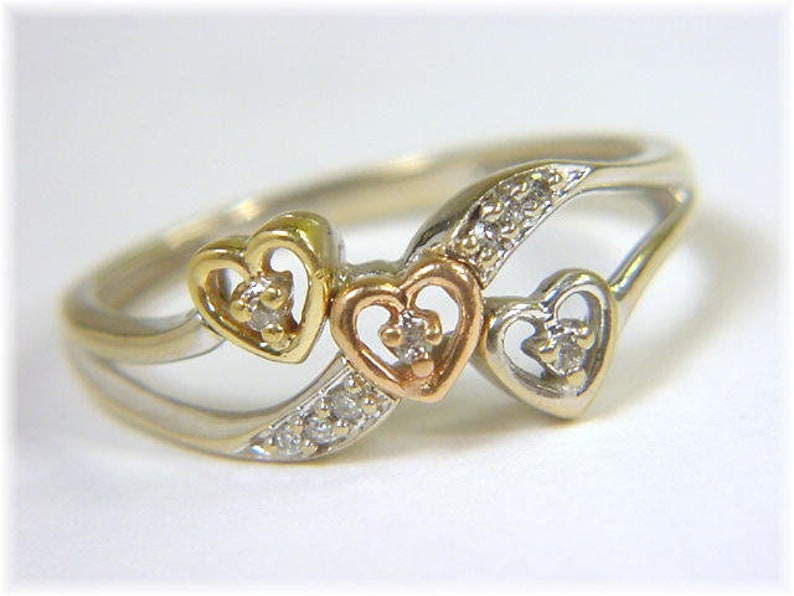 Daughter Ring Stack Triple Heart Diamond 10K Gold Sweetheart Promise Ring FREE SHIPPING White Yellow Rose Gold Promise Ring 14K