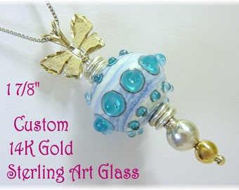 Butterfly 14K Gold Art Glass Sterling Silver Pendant, Art Glass Pendant, Orb, One of A Kind, Artisan Jewelry, Handmade, Beach FREE SHIPPING