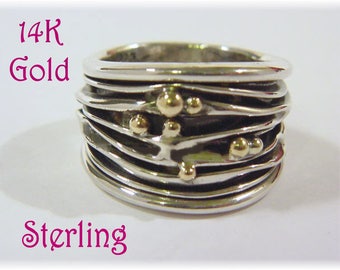 14K Gold Crushed Can Sterling Silver Band Ring, Wrinkled Wide Design, One of A Kind Art Jewelry, Modern Art  FREE SHIPPING