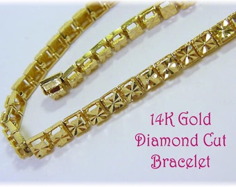 14K Gold Diamond Cut Square Links Bracelet, Beverly Hills Gold, Fine Gold Jewelry    FREE SHIPPING