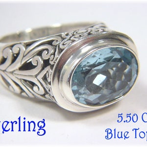 Glacier Blue Topaz Filigree Sterling Silver Ring, Size 7, 5 .50 Ct Sparkling Blue Topaz Ring, Tropical, Beach, Celtic, Irish  FREE SHIPPING