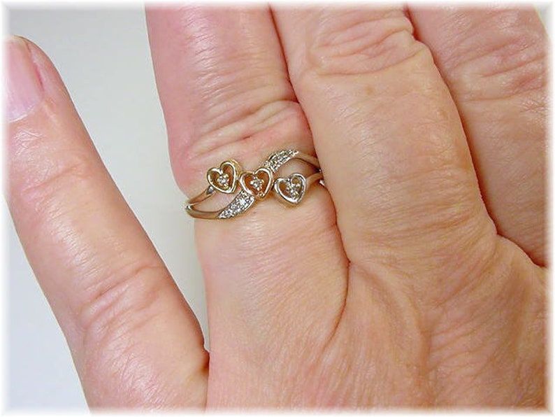 Daughter Ring Stack Triple Heart Diamond 10K Gold Sweetheart Promise Ring FREE SHIPPING White Yellow Rose Gold Promise Ring 14K
