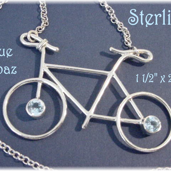 Bicycle Necklace, Blue Topaz Sterling Silver 2 1/4" Pendant Necklace, Designer Handmade, Biker Cycling, Mountain Bike, Cycle FREE SHIPPING