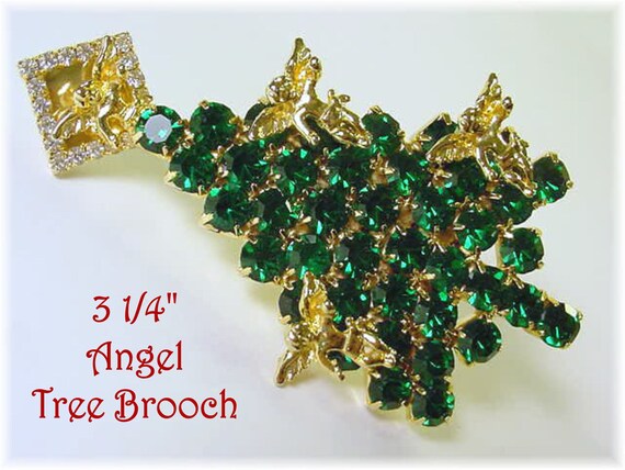 Vasari Rhinestone Christmas Tree Brooch Pin, Angel Halo Sparkling Green Crystals, Costume Jewelry FREE SHIPPING