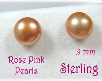 Rose Pink Pearl Stud Sterling Silver Earrings - 9 mm Genuine Cultured - Flowers, Wedding Jewelry, Bridal, Christmas Gift + FREE SHIPPING