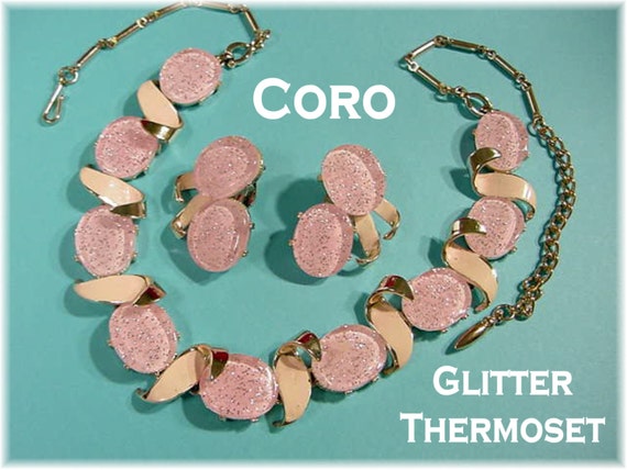 CORO Pink Confetti Thermoset Necklace Earrings Se… - image 2