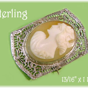 CAMEO Carved Shell Sterling Silver Brooch Pin, Cameo Brooch, Victorian Filigree Frame, Angel, Flowing Hair, Wedding Jewelry   FREE SHIPPING