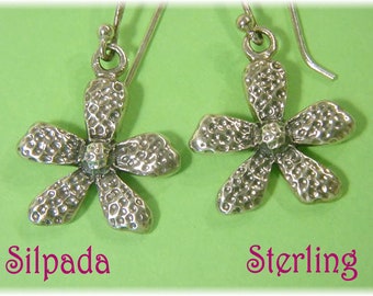 Silpada Sterling Silver Hammered Flower Dangle Earrings - 1 1/2" - Oxidized Floral Garden Wedding Boho Modern Art - W1155 + FREE SHIPPING