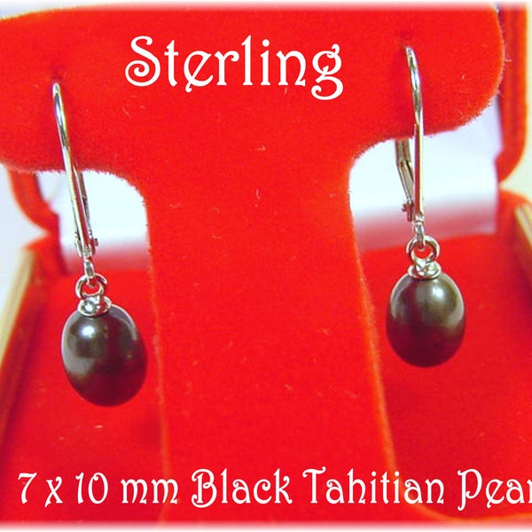 Boucles d’oreilles tahitiennes en perles noires, boucles d’oreilles en argent sterling, superbes 7 x 10 mm AAA + perles, plage, boucles d’oreilles en perles, robe noire LIVRAISON GRATUITE