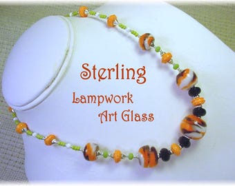 Lampwork Art Glass Orange Swirls Bead Sterling Silver Necklace, Custom One of A Kind Artisan Jewelry    FREE SHIPPING