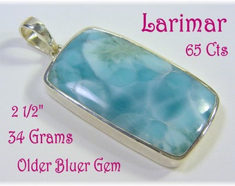 Larimar Sterling Silver Pendant, RARE High Quality Older Thick 65 Ct Blue Larimar, Caribbean Dominican Republic, Beach, Gypsy  FREE SHIPPING