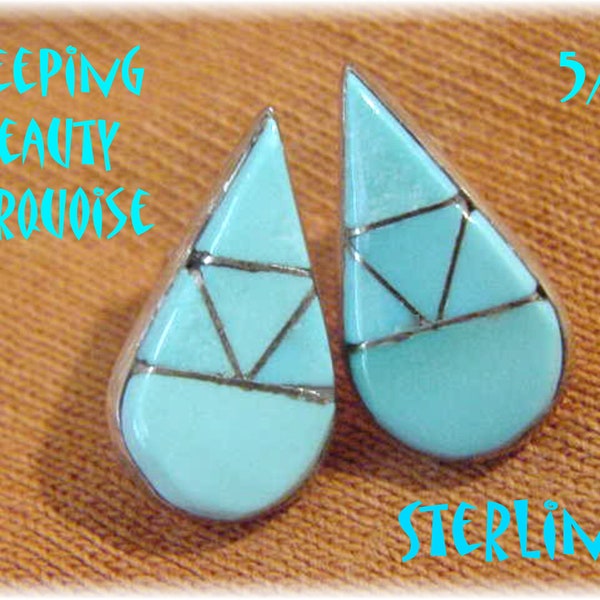 Zuni Teardrop Inlay Sleeping Beauty Turquoise Sterling Silver Earrings, Native American Indian, Southwestern, Western, Blue + FREE SHIPPING