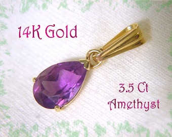 14K Gold Amethyst Pendant For Necklace, 3.50 Ct Pear Cut Amethyst Gemstone, Royal Purple     FREE SHIPPING