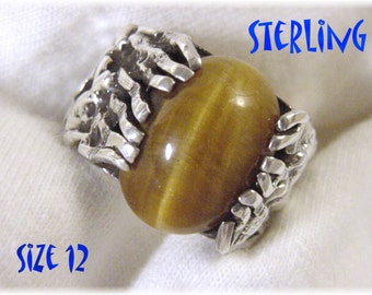 Tigers Eye Sterling Silver Large Navajo Sand Cast Ring, Size 12 Thumb Ring, Chunky 23 Grams, Native American Indian   FREE SHIPPING