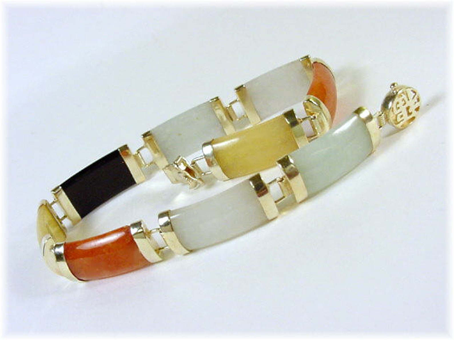 Chinese Jade Good Luck 10K Gold Bracelet Curved Multi Color Etsy