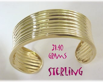 Ribbed Cuff 14K Gold Sterling Silver Bracelet, Wide 31 Grams, Vermeil, Modern Art, Modernist, 14K Gold Bracelet, Contemporary  FREE SHIPPING