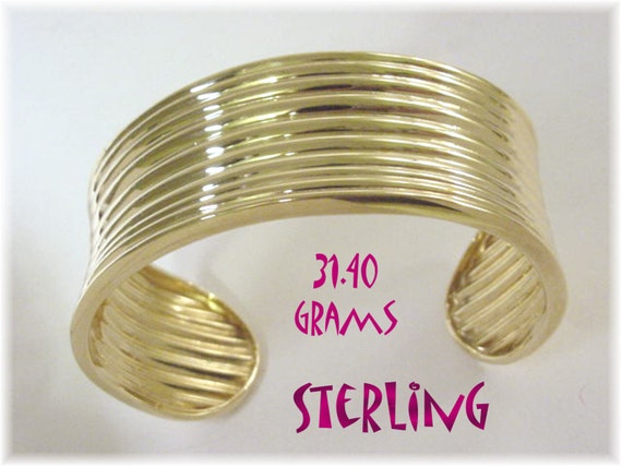 Ribbed Cuff 14K Gold Sterling Silver Bracelet, Wide 31 Grams, Vermeil, Modern Art, Modernist, 14K Gold Bracelet, Contemporary  FREE SHIPPING