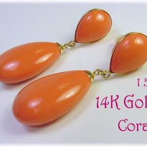 14K Gold Large Coral Dangle Earrings, Coral Earrings, 14K Gold Coral Earrings, Darker Angel Skin Coral, Bride, Beach, Asian   FREE SHIPPING
