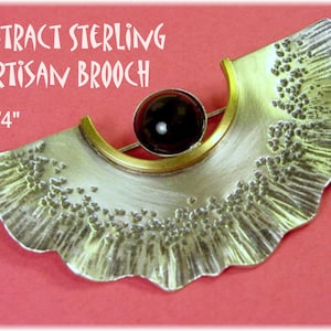 Deborah Close Modernist Mixed Metal Sterling Silver Brooch, Artisan Designer Jewelry, Modernist, Abstract, Wearable Art, Onyx  FREE SHIPPING