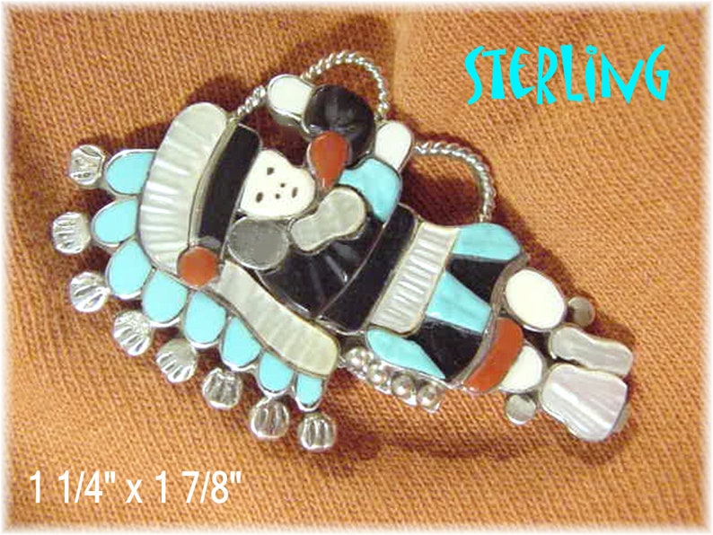 FREE SHIPPING Lavonne Lalio Native American Arizona Zuni Indian Dancer Sterling Silver Kachina Brooch Pendant Inlay Turquoise Coral