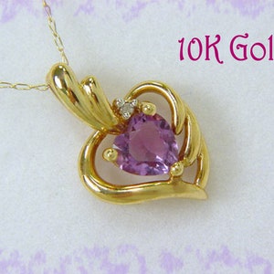 10K Gold Heart Diamond Amethyst Pendant & 10K Gold Chain Necklace, 14K Gold Amethyst, 14K, 10K Gold Pendant, Amethyst Necklace FREE SHIPPING