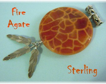 Fire Agate Sterling Silver 3" Pendant With Feathers, Native American Indian, Western Jewelry, Artisan Handmade, Southwestern   FREE SHIPPING