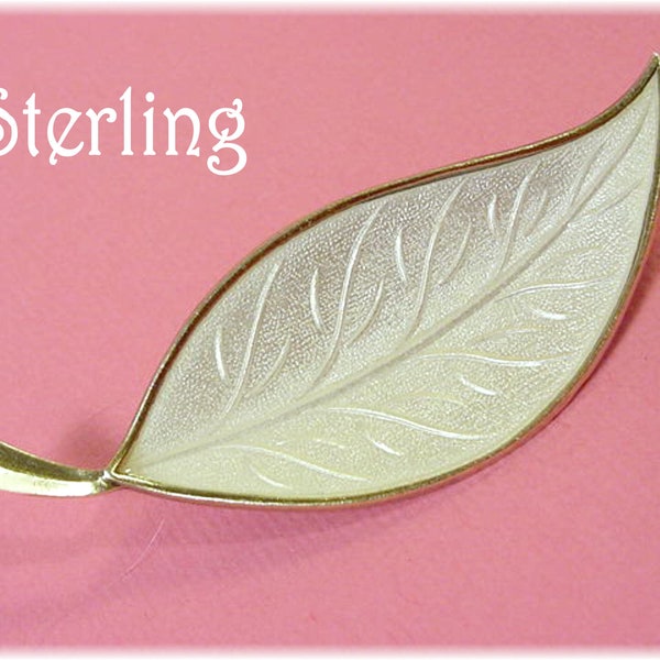 White Guilloche Enamel Leaf Brooch Pin Sterling Silver, Brodrene Bjorklund, Enamel Leaf Brooch,  Denmark, Scandinavian, Meka FREE SHIPPING