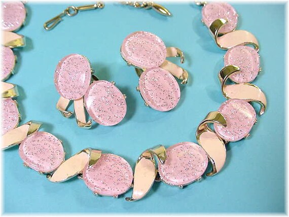 CORO Pink Confetti Thermoset Necklace Earrings Se… - image 3