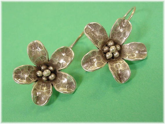 Flower Hammered Sterling Silver Earrings Artisan … - image 2