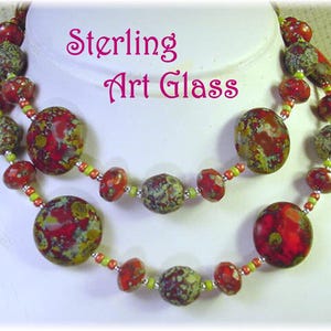 Lampwork Art Glass Bead Sterling Silver Necklace, Dark Red & Moss Green Art Glass Beads, Custom One of A Kind Artisan Jewelry  FREE SHIPPING