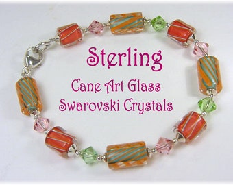 David Christensen Cane Glass Sterling Silver Art Glass Bead Bracelet, Artisan Art Jewelry, Lampwork Kaleidoscope, Crystal   FREE SHIPPING