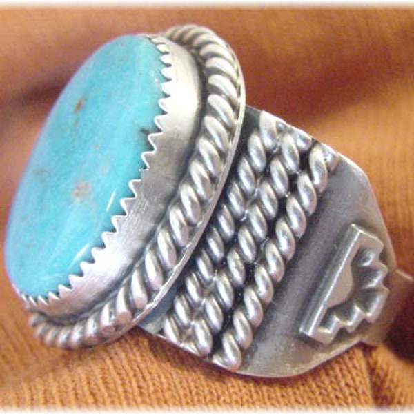 Kingman Turquoise Sterling Silver Large Stamped Ring - Harold J Navajo - Size 10 - Old Pawn Native American Arizona Indian + FREE SHIPPING