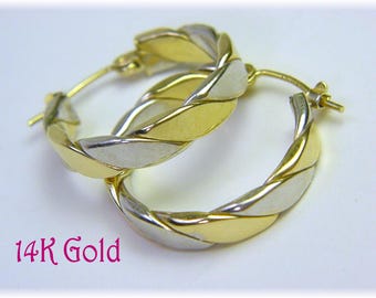 14K Yellow & White Gold Woven Hoop Earrings, 14K Gold Earrings, Wedding Jewelry, Easter Gift, Bride   FREE SHIPPING