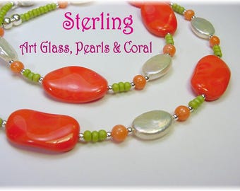 Vintage Angel Skin Coral Art Glass Sterling Silver Necklace, One of A Kind Artisan Jewelry, Bead Necklace, Handmade Jewelry   FREE SHIPPING