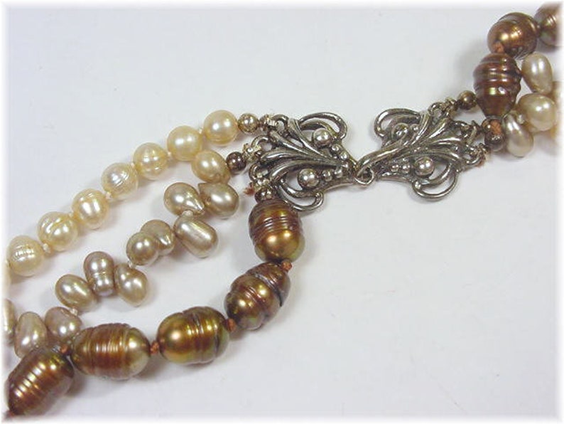 Chocolate Brown Baroque 3 Strand Twisted Pearl Sterling Silver Necklace FREE SHIPPING Artisan Iridescent 6 to 10 mm Torsade Pearls Bead